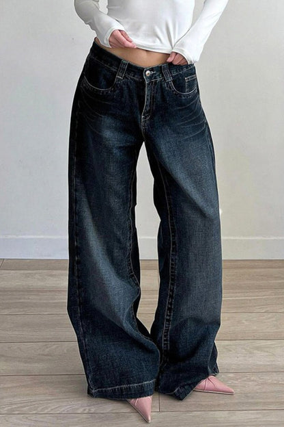 Deep Blue Straight Wide Leg Jeans