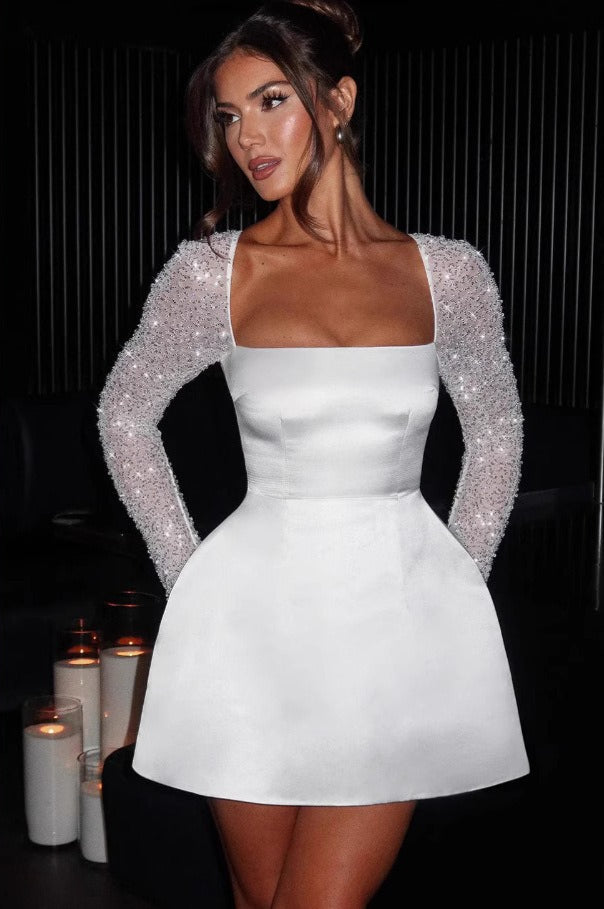 Plunging Solid Square Neck Lace Panel Long Sleeve Cocktail Dress
