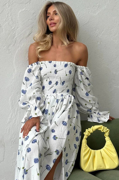 Floral Print Off Shoulder Smocked Puff Sleeve High Split Maxi Dress