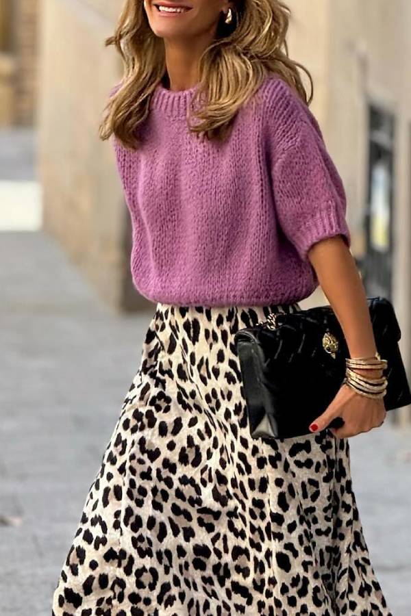 Soft mist purple short-sleeved knitted sweater