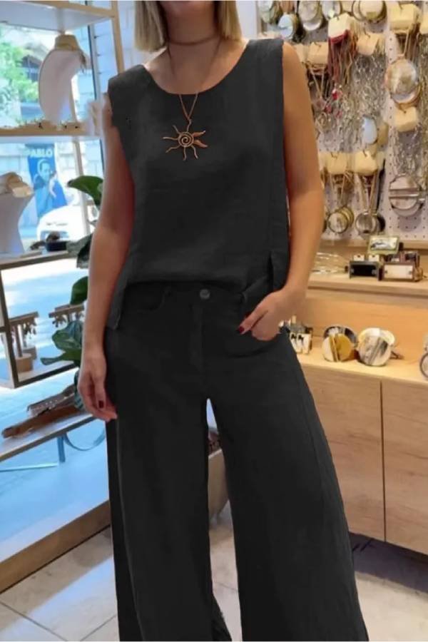 Cotton and linen solid color sleeveless trousers two-piece suit