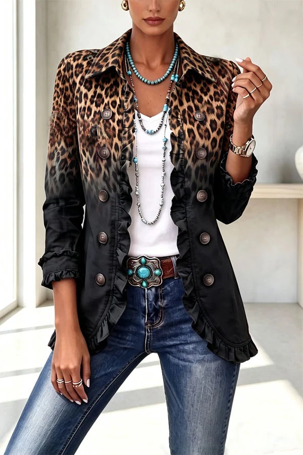 Stylish and Unique Printed Ruffle Trim Button-down Long Sleeve Jacket