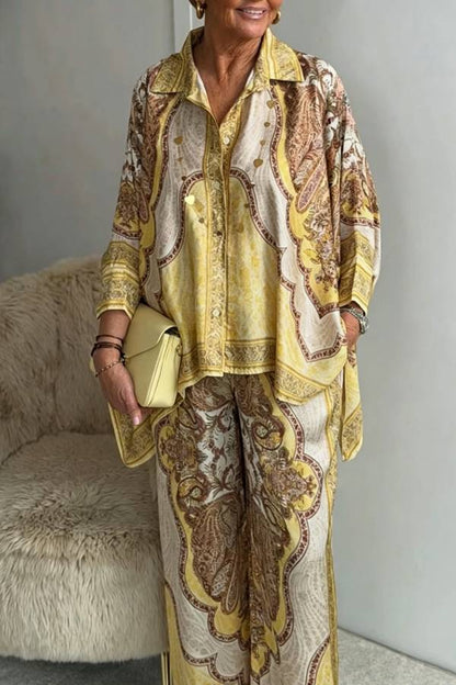 Julia Paisley Print Batwing Sleeve Irregular Hem Blouse and Elastic Waist Pocket Loose Pants Set