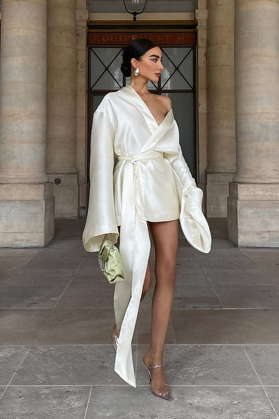 Loose Tie-Waist Long-Sleeve Satin Mini Silk Dress