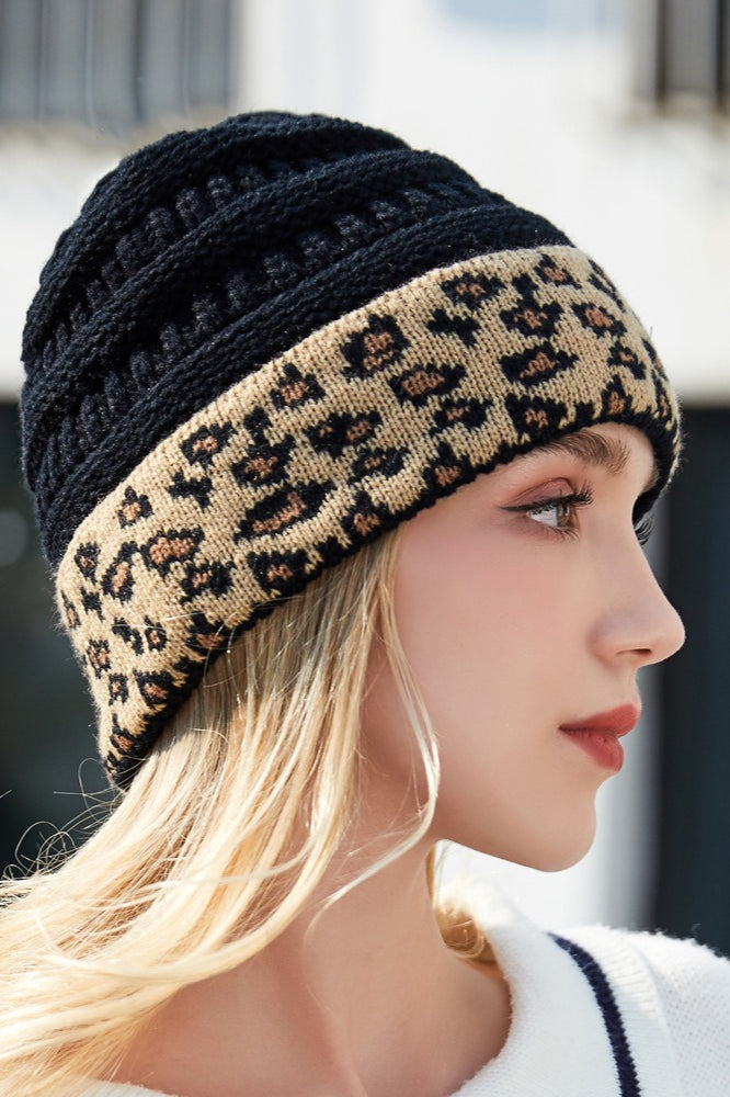Warm Leopard Print Cable Knit Beanie Hat