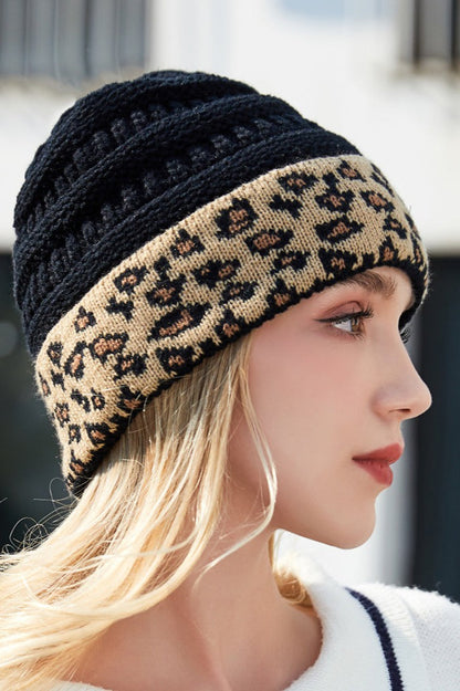 Warm Leopard Print Cable Knit Beanie Hat