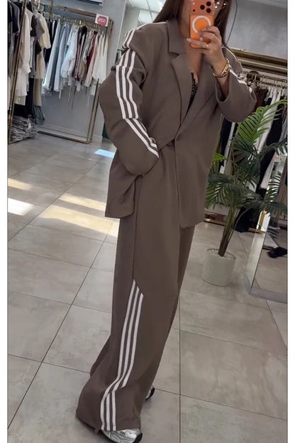 Fashionable Sporty Stripes Long Sleeve Oversized Blazer and Elastic Waist Pocket Jogger Set