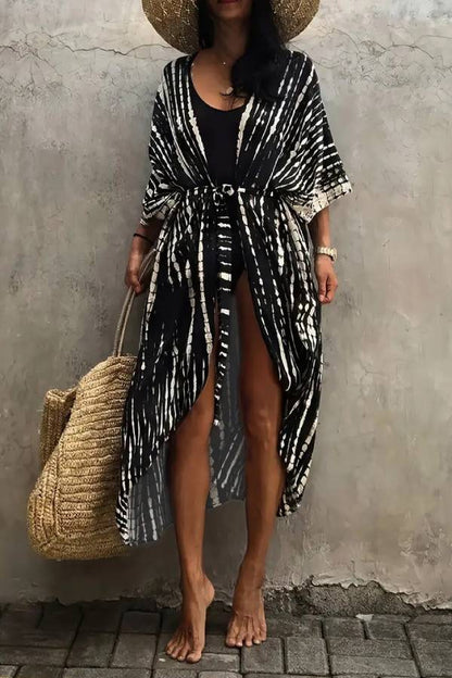 Multi-Color Tie-Dye Belted Open Front Beach Kimono