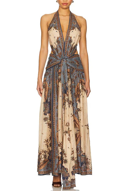 Chapel Linen Blend Floral Print Cutout Tie-up Waist Pocket Halter Backless Maxi Dress