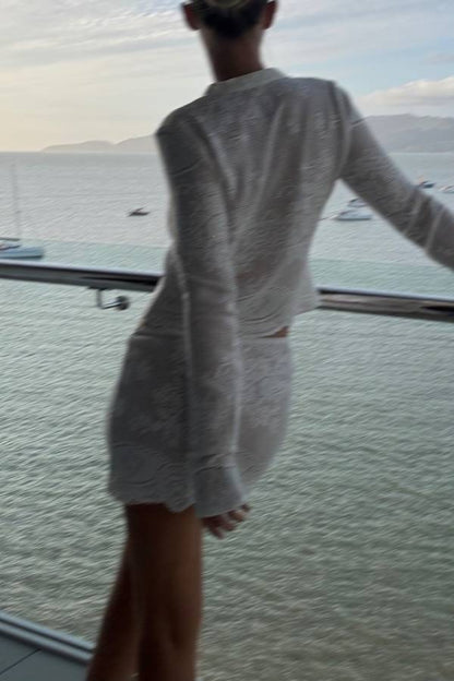 Hollow Floral Knit 2 Piece Set Long Sleeve Crop Top Mini Skirt Vacation Outfit