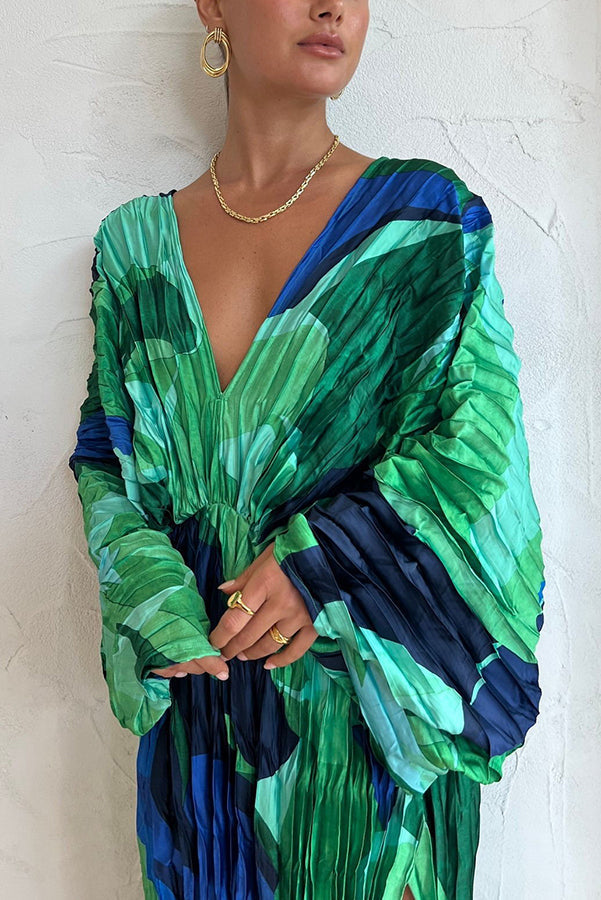 Abstract Floral Print Pleated Deep V-Neck Balloon Sleeve High Split Maxi Dress