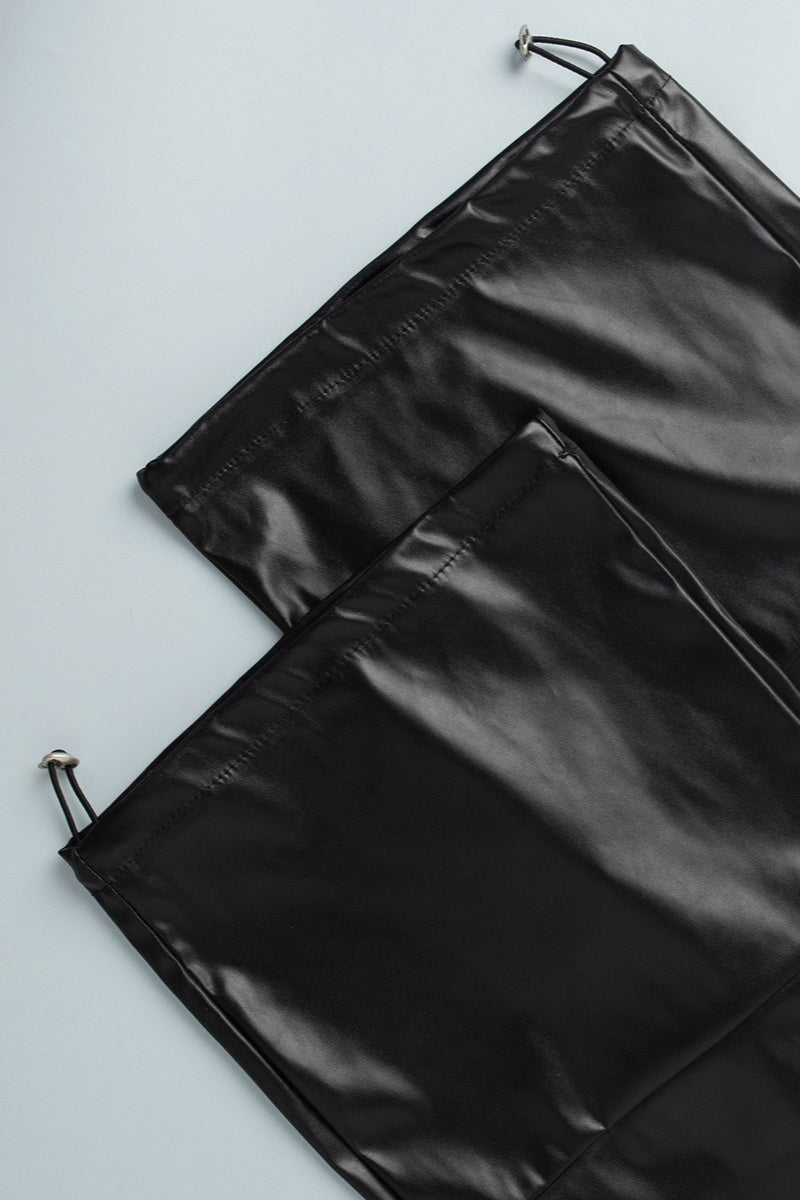 Drawstring Cuff PU Leather Relaxed Pants