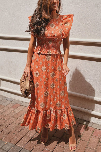 Emilia Unique Print Flutter Sleeve Smocked Top and Elastic Waist Maxi Skirt Set