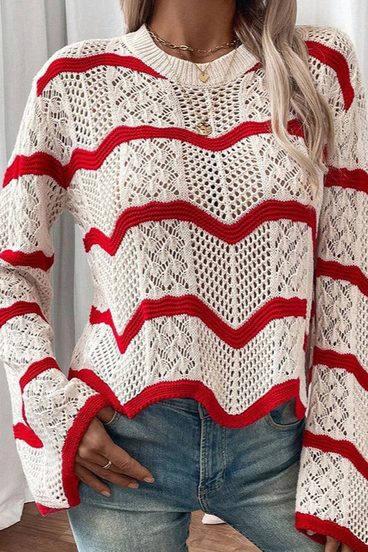 Casual Wavy Knit Bell Sleeve Sweater