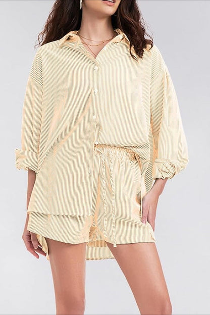 Striped Lapel Long Sleeve Blouse Shorts Set