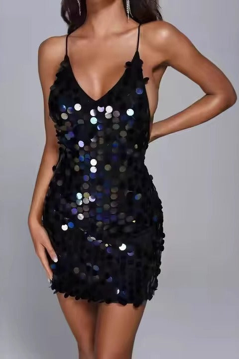 Deep V Backless Camisole Sequin Dress