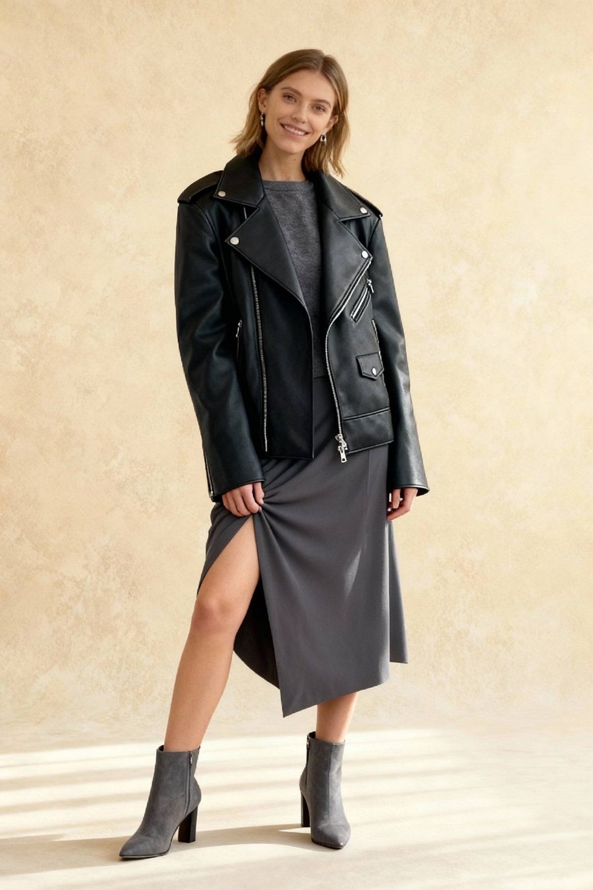 Black Zippers Oversized Leather Coat
