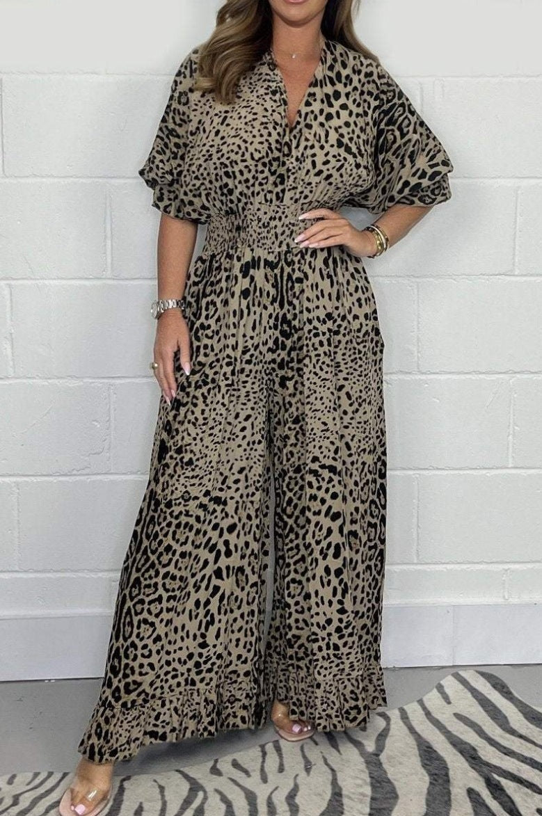 Multi-Color Leopard Print V-Neck Waisted Wide-Leg Jumpsuit