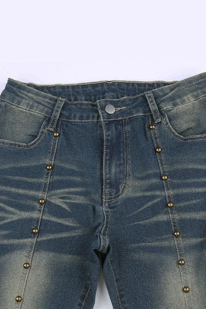 Front Rivet Slim Flare Leg Long Jeans