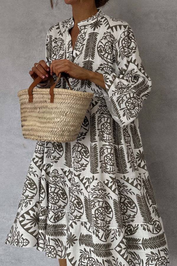 Bohemian Floral Print Stand Collar V-Neck 3/4 Sleeve A-Line Dress