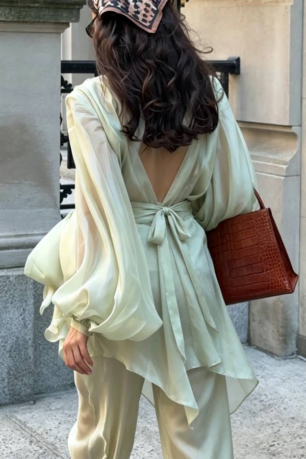 Lightweight Sheer Organza Fabric Ruched Shoulder Deep V-neck Balloon Sleeve Bodysuit
