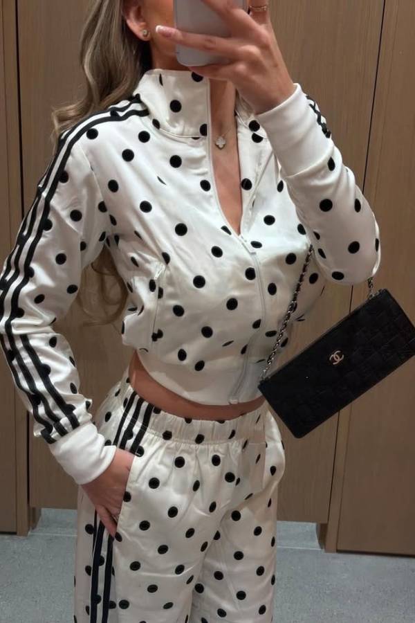 Polka Dot Stripe Stand Collar Zip‑Up Tracksuit Two‑Piece Set
