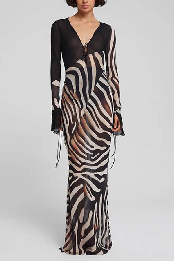 Deep V Tie Sheer Mesh Zebra Print Flare Long Sleeve Bodycon Maxi Cover Up Dress