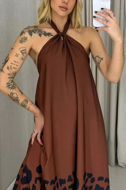 Leopard Print Sexy Halter Neck Backless Loose Maxi Dress