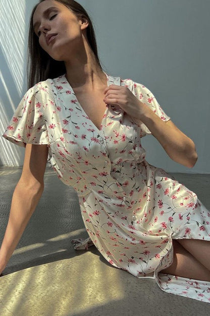 V Neck Tie Waist Short Sleeve Shirt Floral Dress