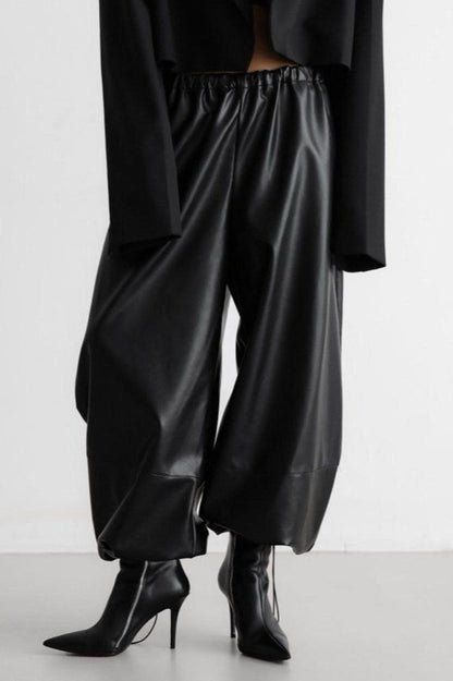 Drawstring Cuff PU Leather Relaxed Pants