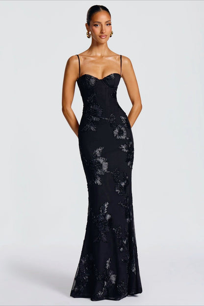 Strapless Bustier Floral Embroidered Mesh Mermaid Maxi Gown