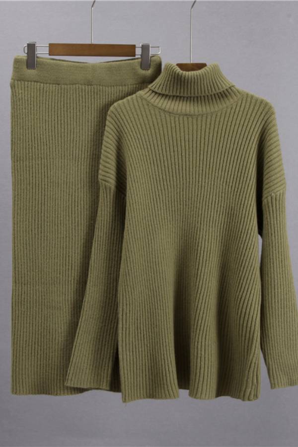 Turtleneck Ribbed Loose Sweater & Knit Midi Skirt Two‑Piece Set