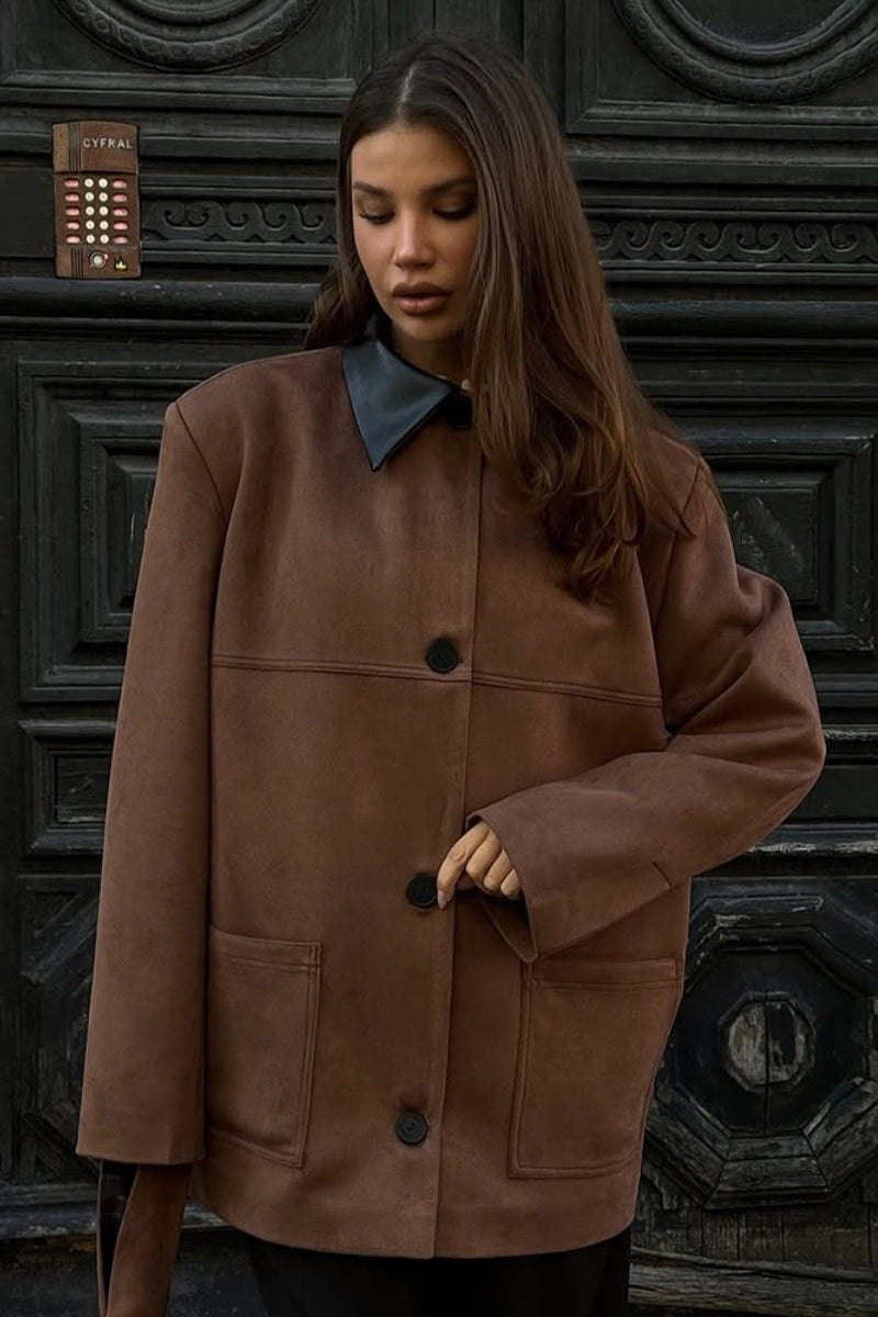 Relaxed Fit Suede Contrast Collar Coat