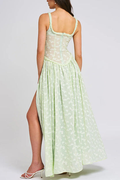 Floral Print Square Neck Corset Bodice High Split Flowy Maxi Dress