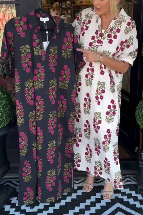 Collared Floral Print Relaxed Slit Shirt Dress