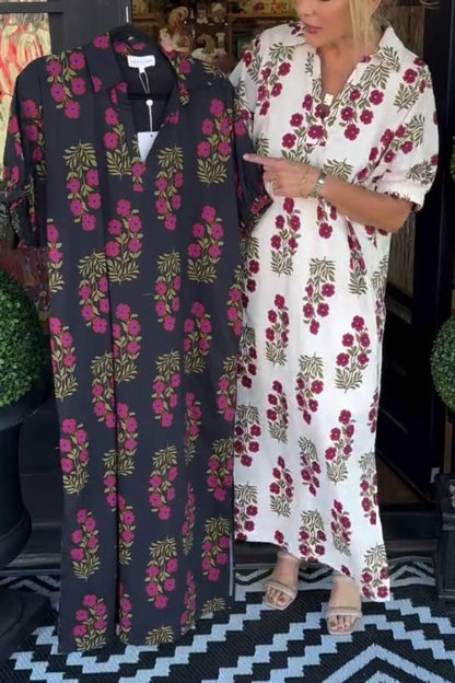 Collared Floral Print Relaxed Slit Shirt Dress