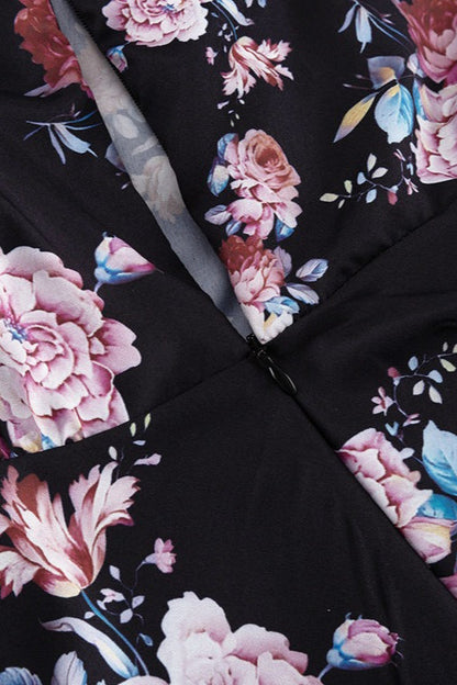 Flared Vintage Print Slim Waist Floral Maxi Dress