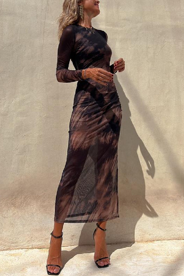 Abstract Tie Dye Print Ruched Side Slit Long Sleeve Midi Dress