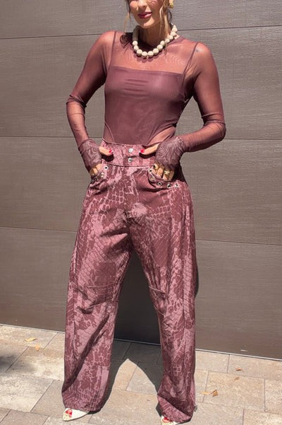 Free Moment Animal Print Metal Ring Design Pocket Wide Leg Pants