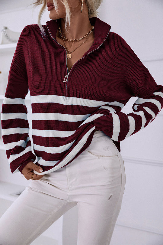 V Neck Collar Ribbed Knitted Stripe Pullover Sweater