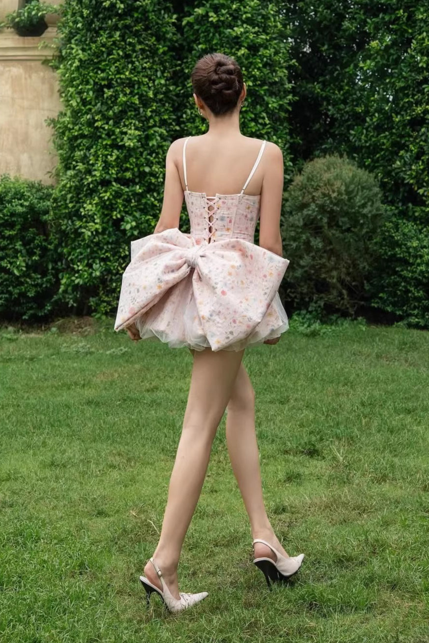 Ruched Corset Bow A Line Mini Floral Dress