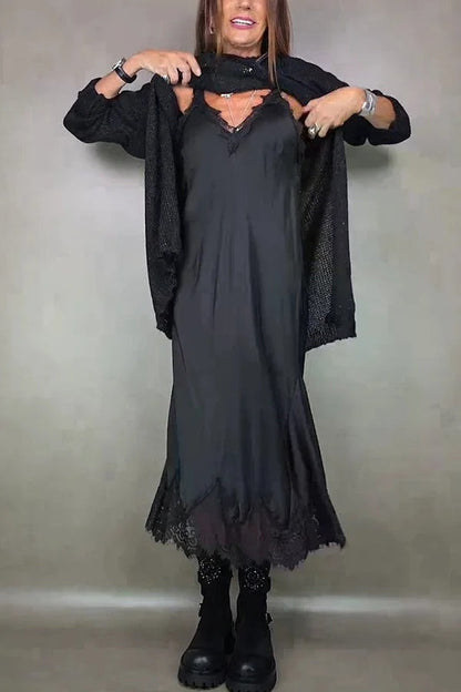 Fashionable V-neck Suspender Lace Splicing Casual Midi Dress