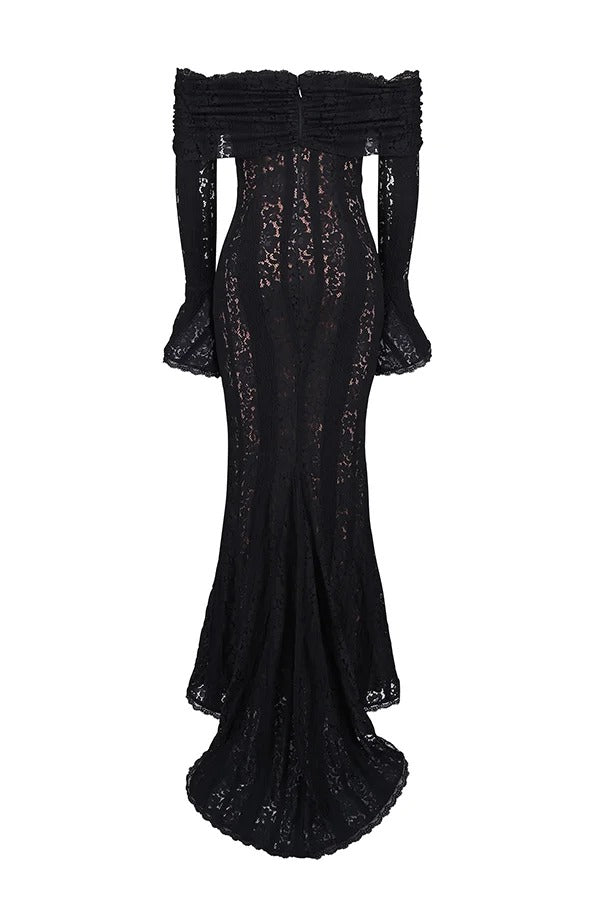 Floral Lace Off Shoulder Flare Sleeve Fishtail Maxi Dresses-White