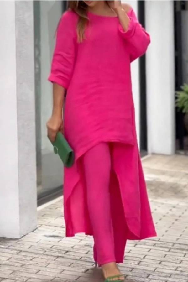 Linen Asymmetrical Long Top + Wide-Leg Pants Set