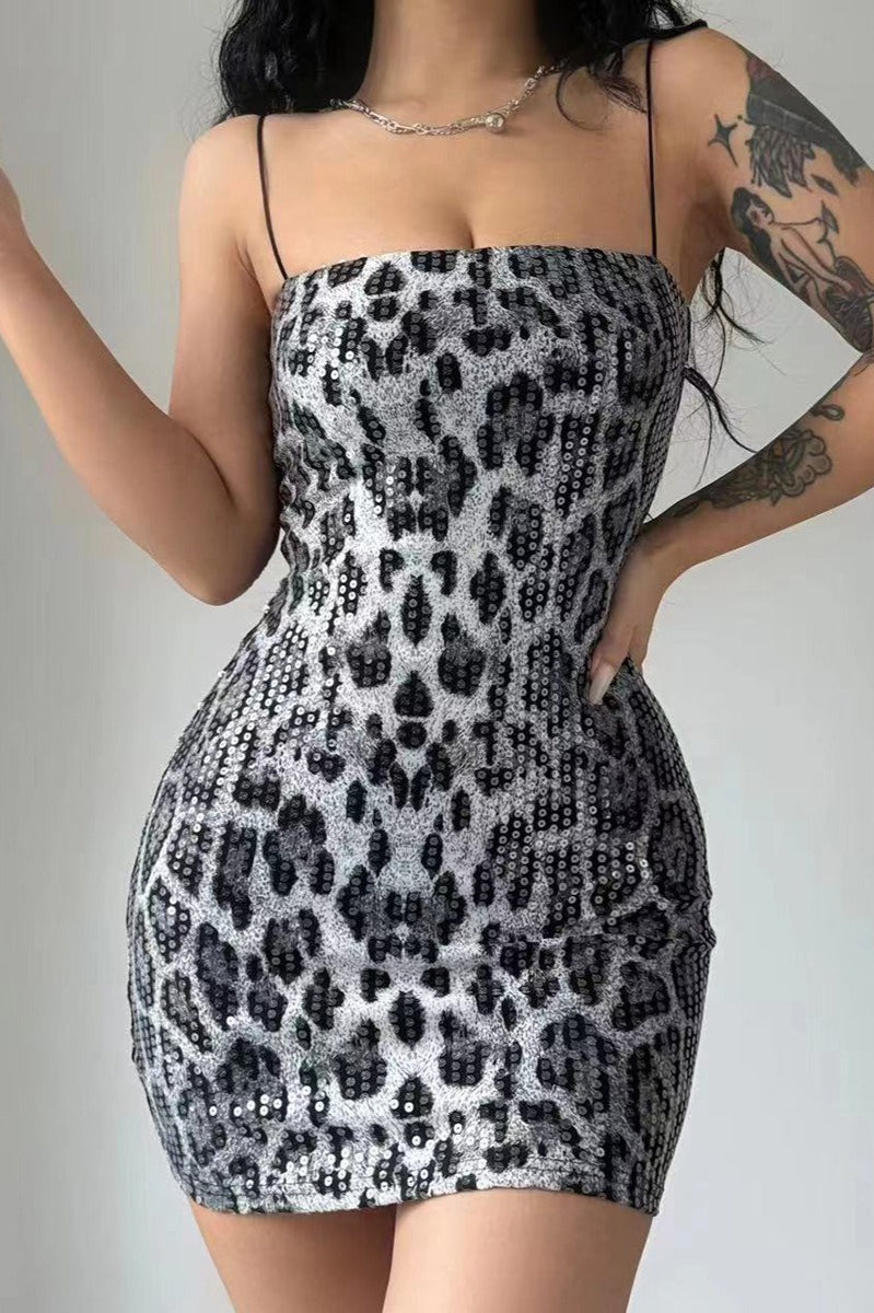 Leopard Print Sequin Sling Cocktail Dress