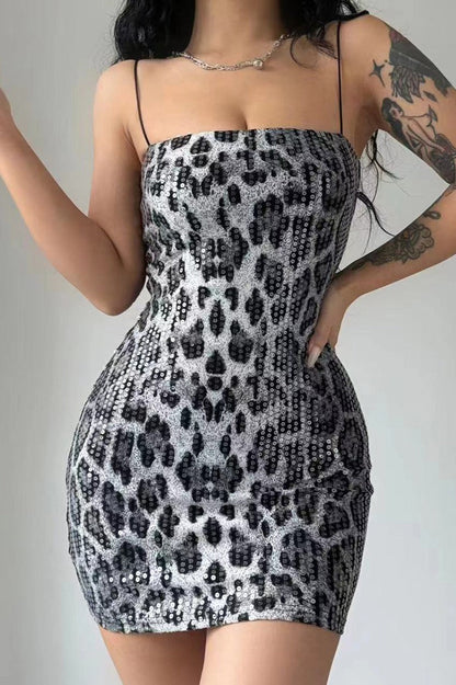 Leopard Print Sequin Sling Cocktail Dress