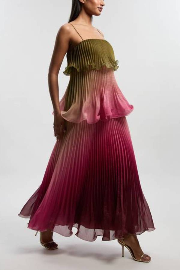 Exquisite Pleated Organza Gradient Print Layered Ruffles Slip Maxi Dress
