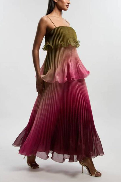Exquisite Pleated Organza Gradient Print Layered Ruffles Slip Maxi Dress