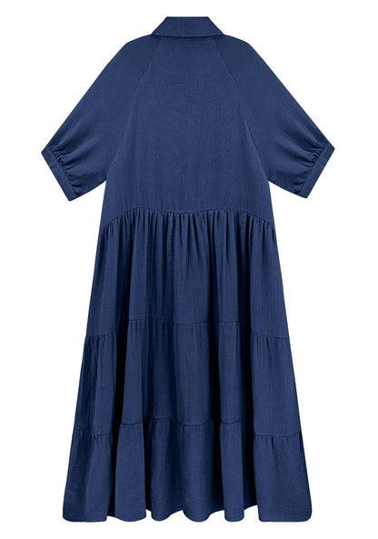 Gauze Button Front Collar Half Sleeve Tiered Pocket Midi Dress