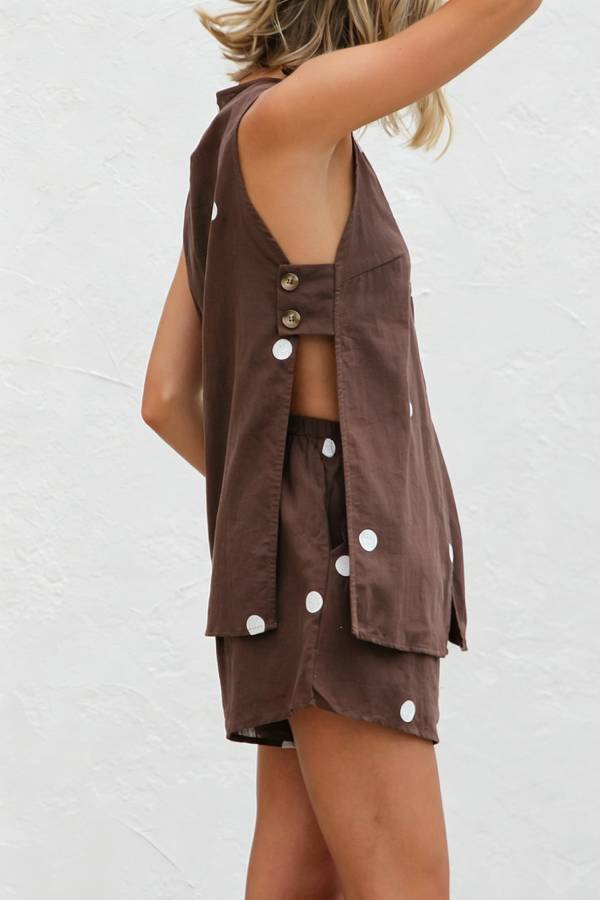 Vacation Polka Dot V-Neck Sleeveless Vest & Drawstring Shorts Set